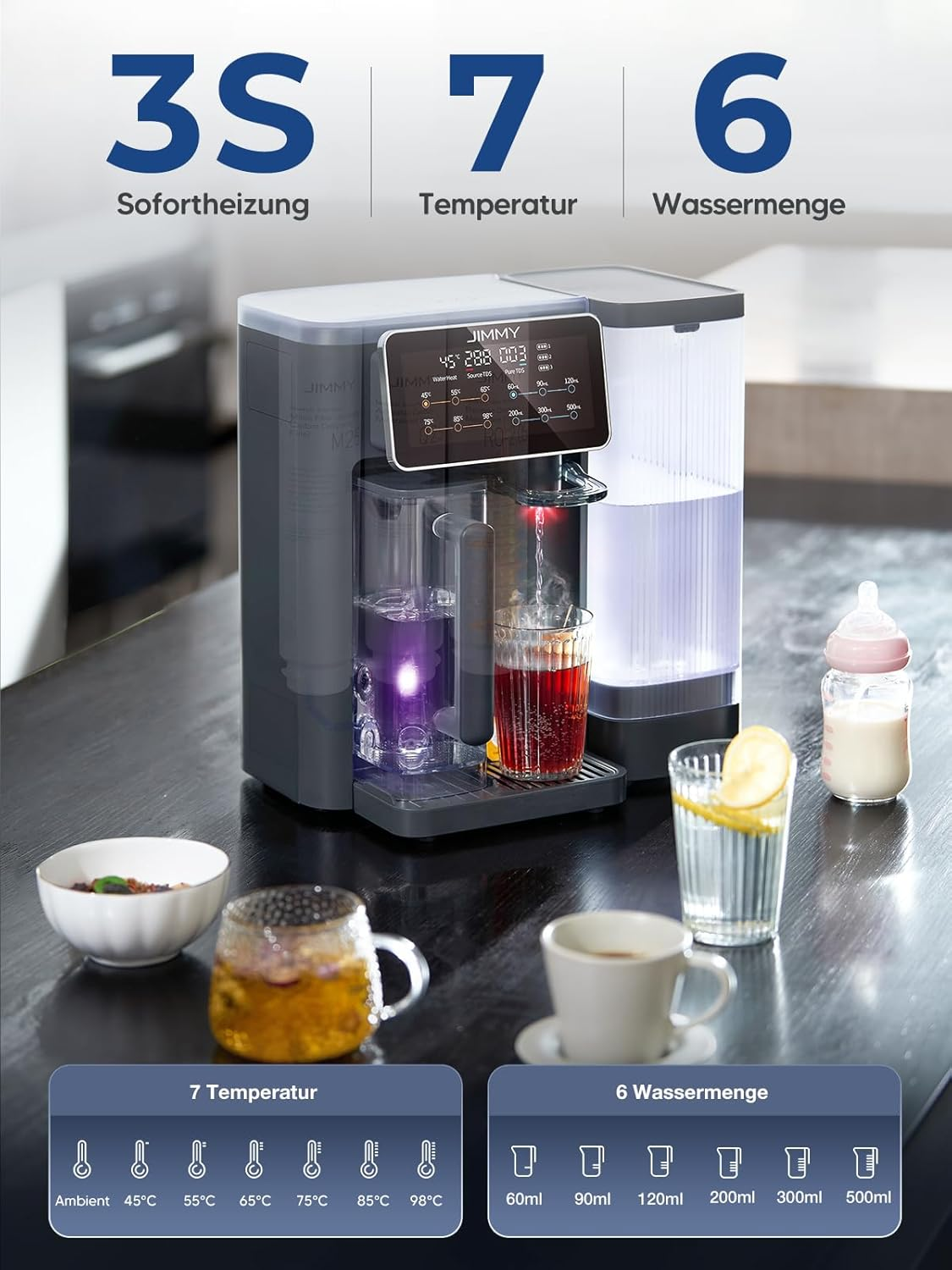 Ein Wasserspender mit Anzeige für Heizung, Temperatur und Wassermenge.