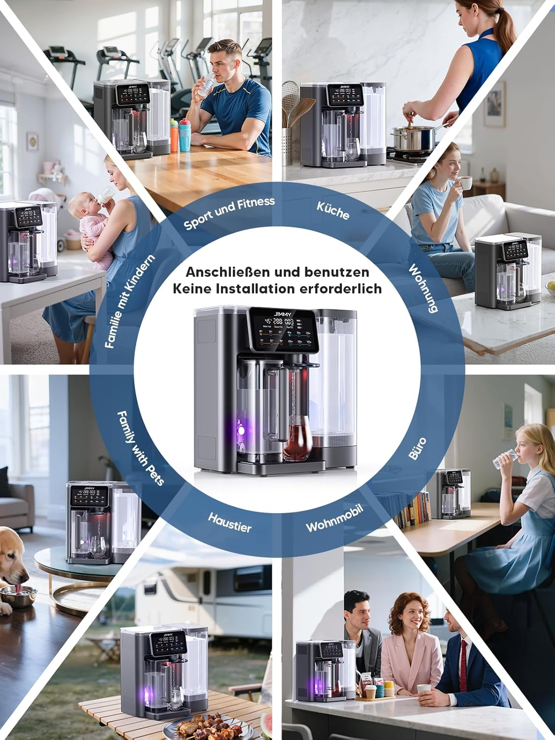 Ein Wasserspender in verschiedenen Szenarien wie Fitness, Küche, Wohnung, Büro.