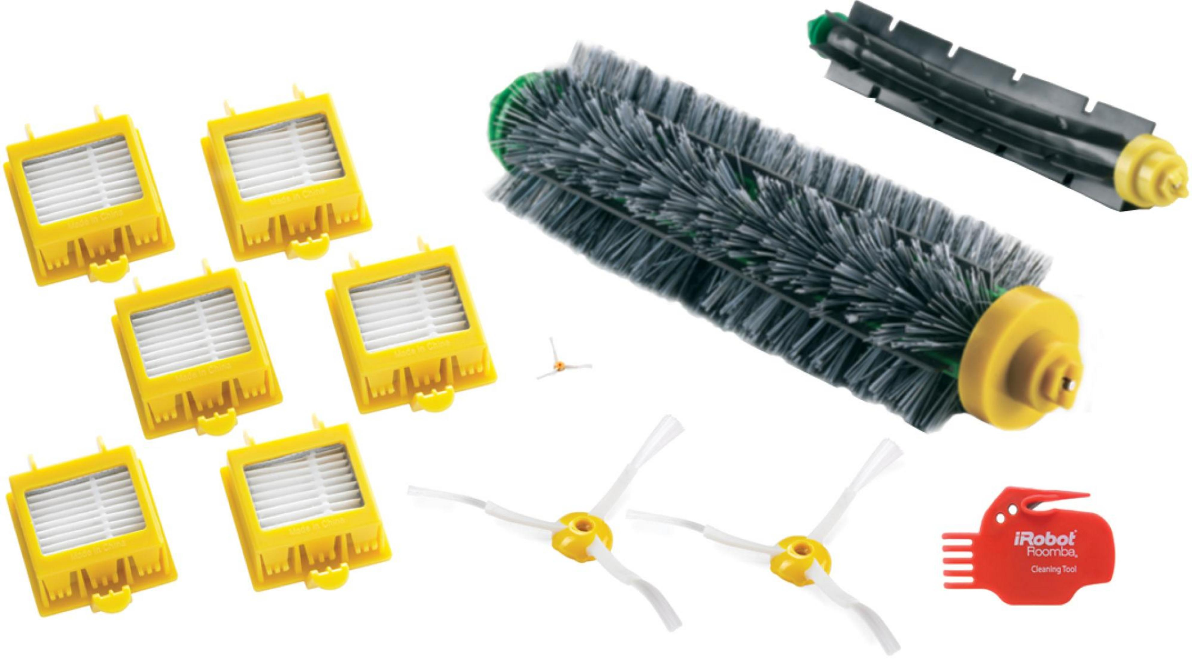 Un kit di pulizia iRobot Roomba con filtri, spazzole e attrezzo.