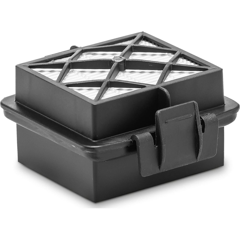 Czarny kwadratowy filtr powietrza z białym wkładem i zatrzaskami.