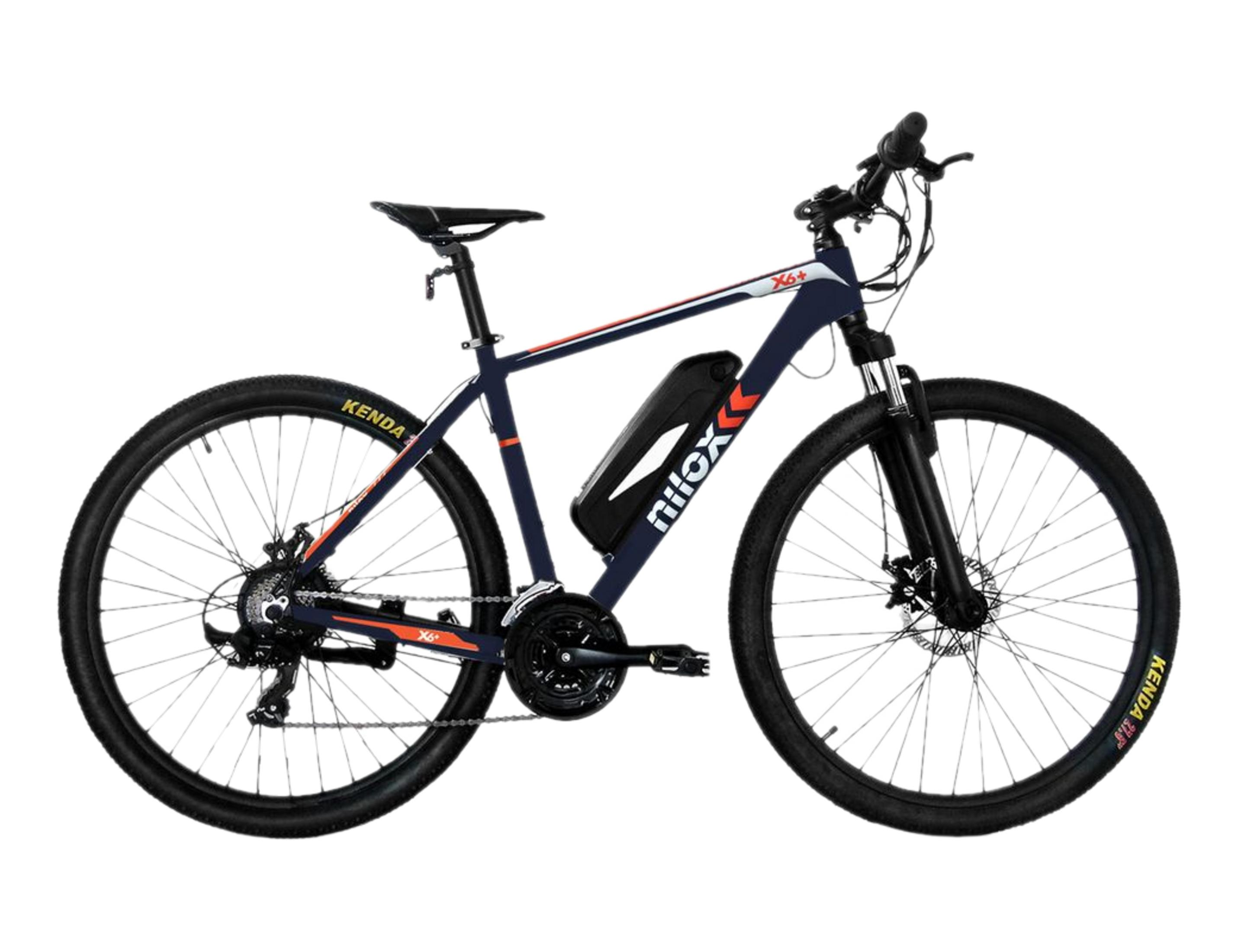 Ciemnoniebieski rower elektryczny z pomarańczowymi akcentami i czarną baterią.