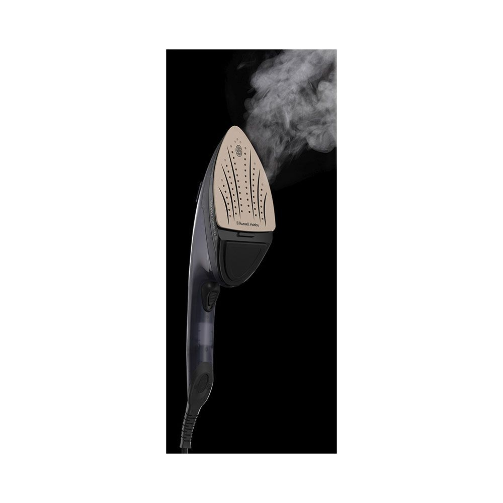 Czarny parownica do ubrań z kremową płytą wydzielającą parę.