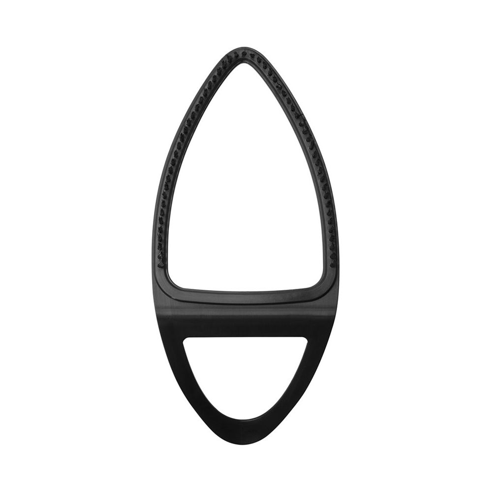 Czarny przedmiot w kształcie kropli z otworem w kształcie litery D na dole.