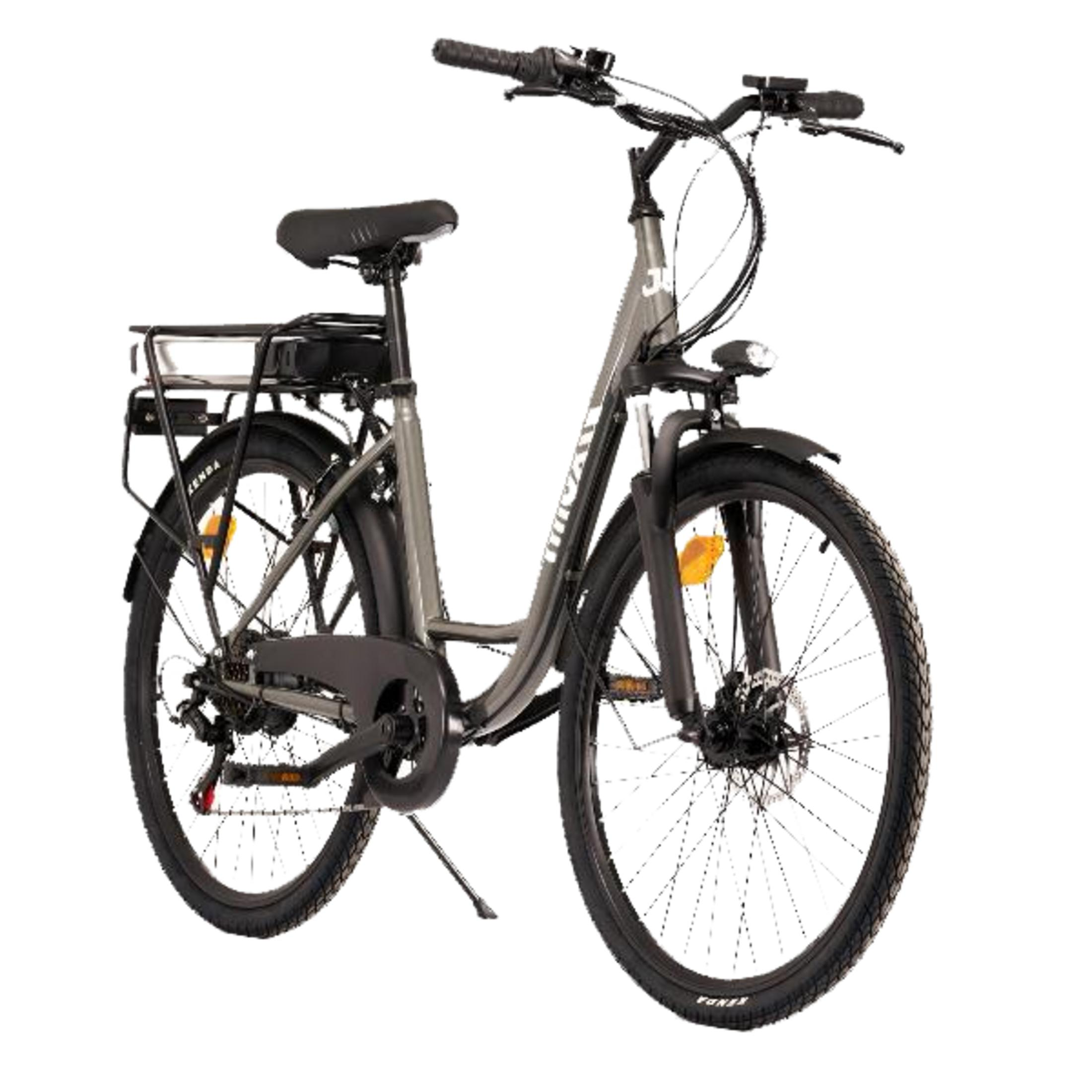 Szary rower damski z bagażnikiem i akumulatorem, na białym tle.