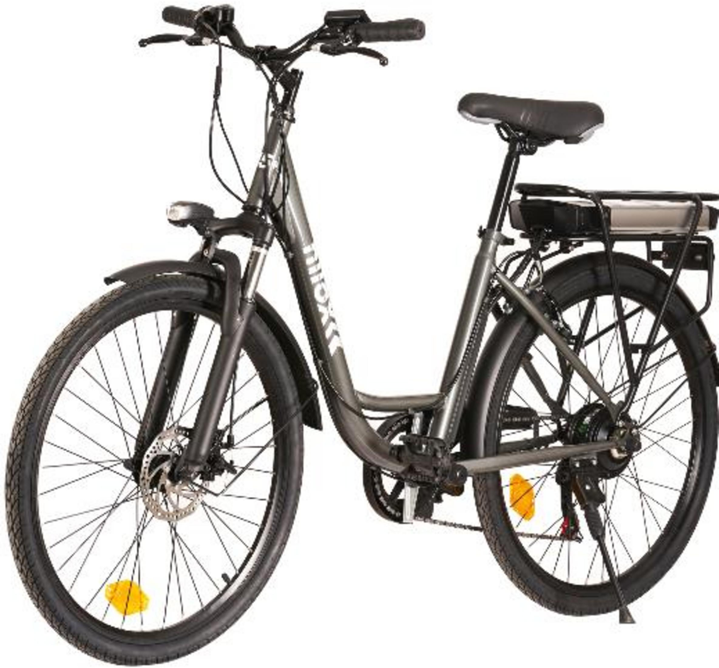 Szary rower elektryczny z bagażnikiem, siodełkiem, kierownicą i oponami.