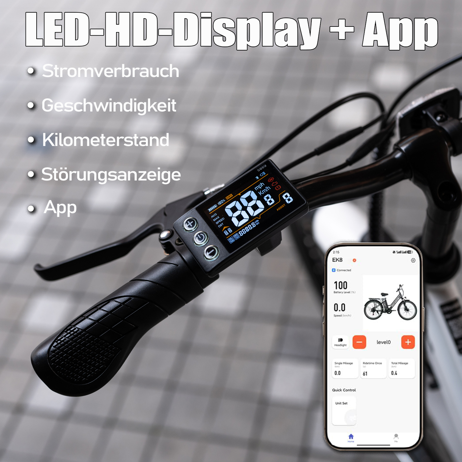 La pantalla y la app de la e-bike muestran datos de velocidad, batería y kilometraje.