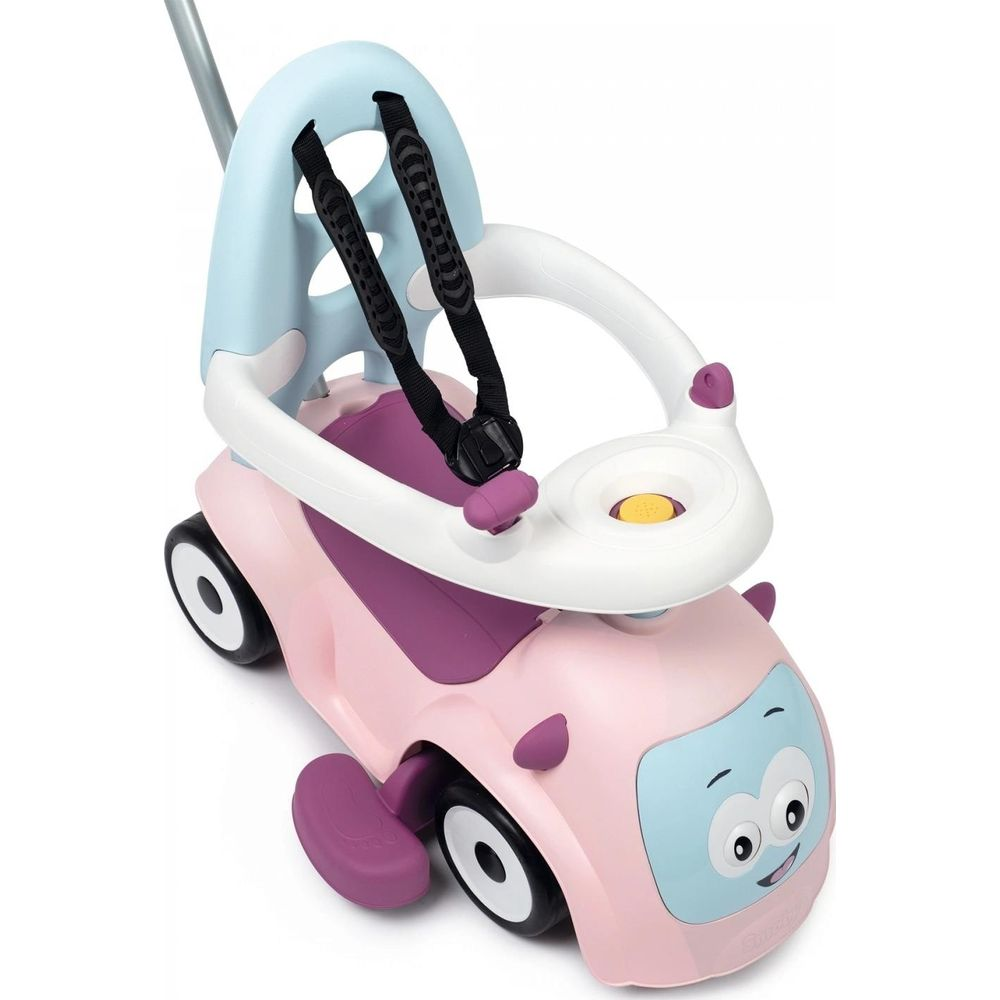 Ein rosafarbener Spielzeugwagen mit blauem Sitz, Gurten und Griff.
