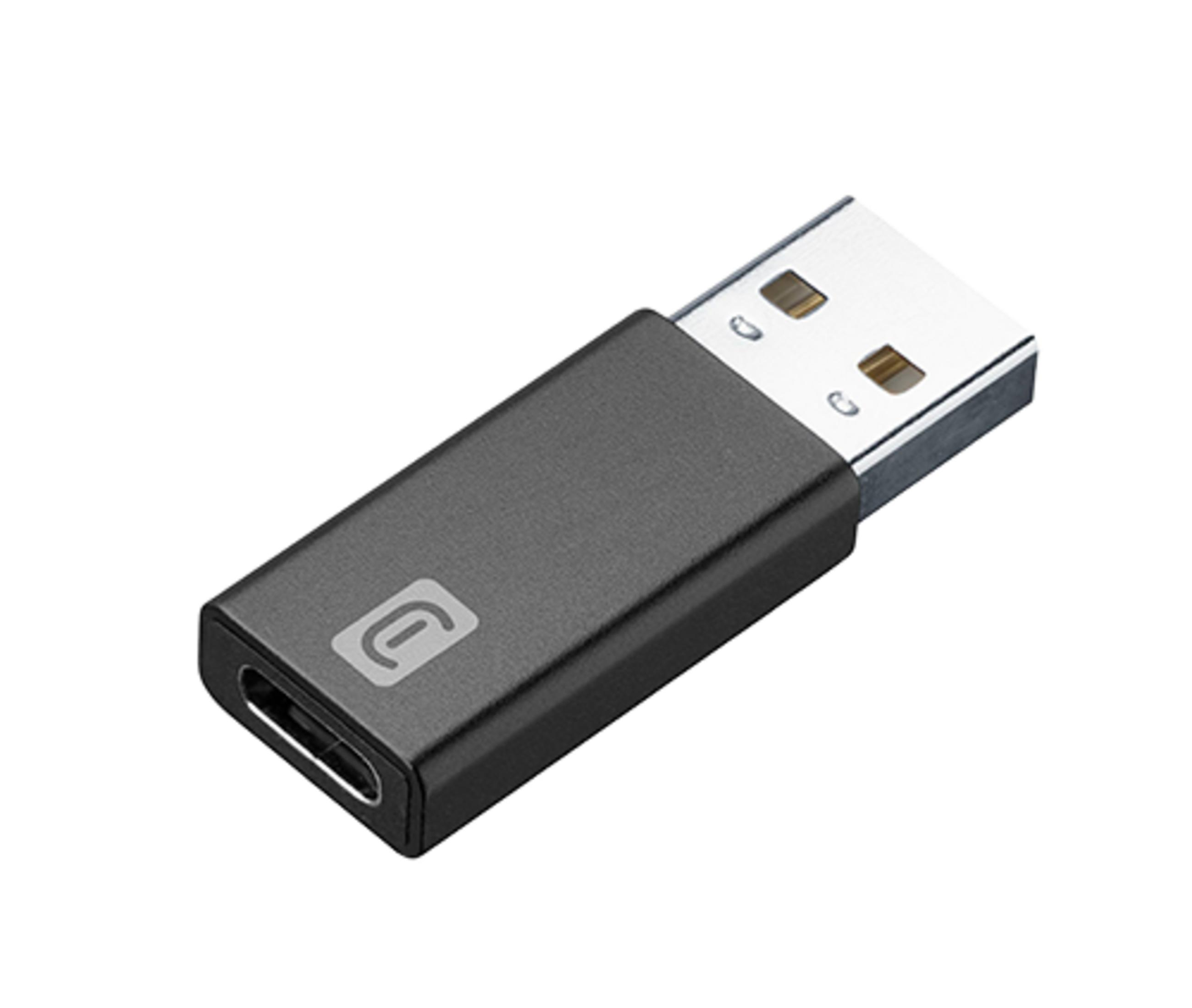 Un adaptador USB-C oscuro con un enchufe USB-A y un logo.
