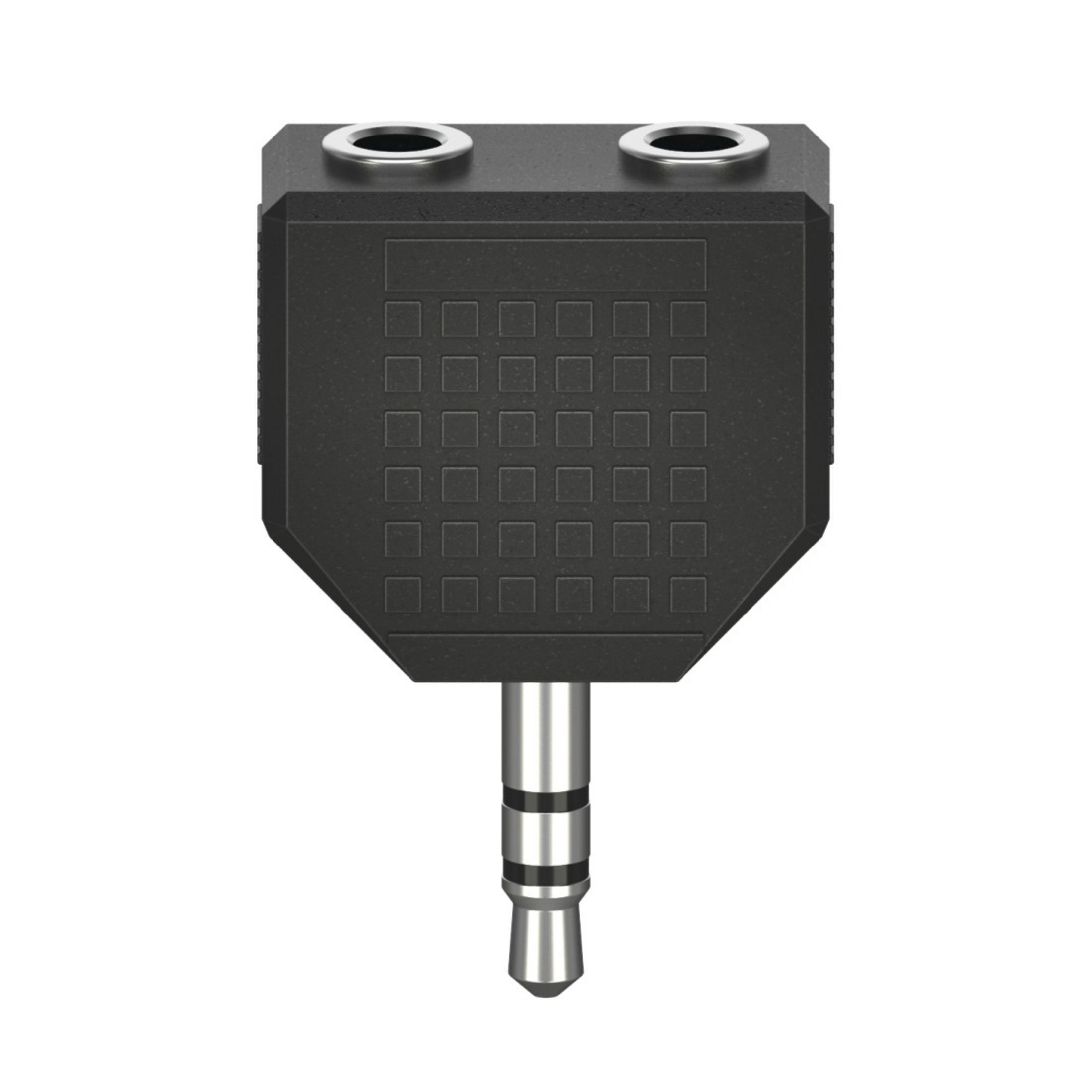 Divisor de auriculares negro con clavija de 3,5 mm y dos tomas hembra.