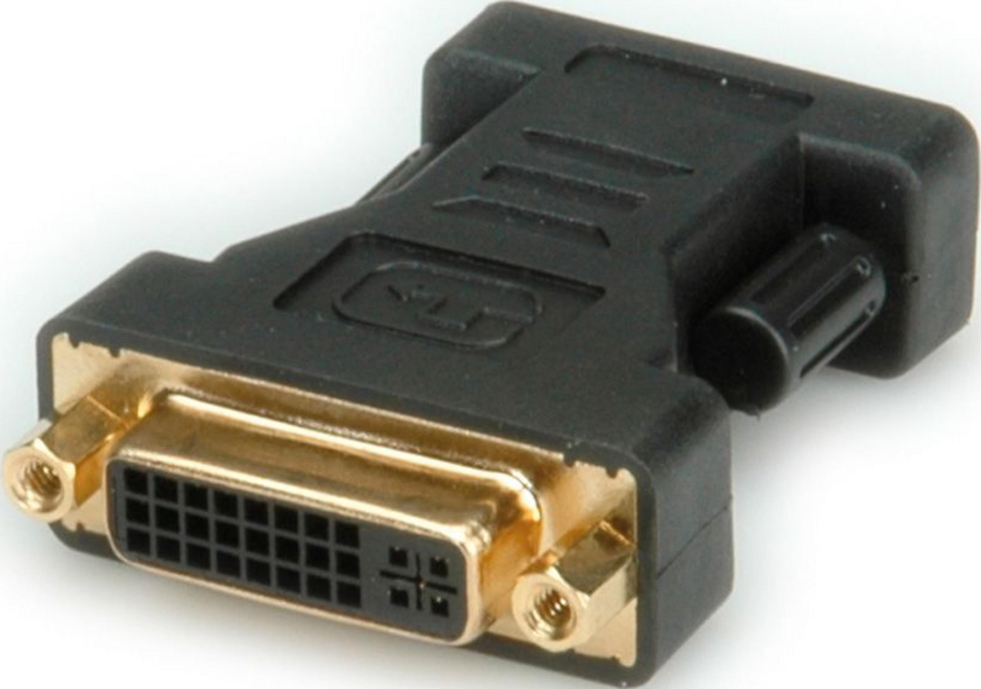 Een zwarte DVI naar VGA adapter met gouden connectoren en duimschroeven.