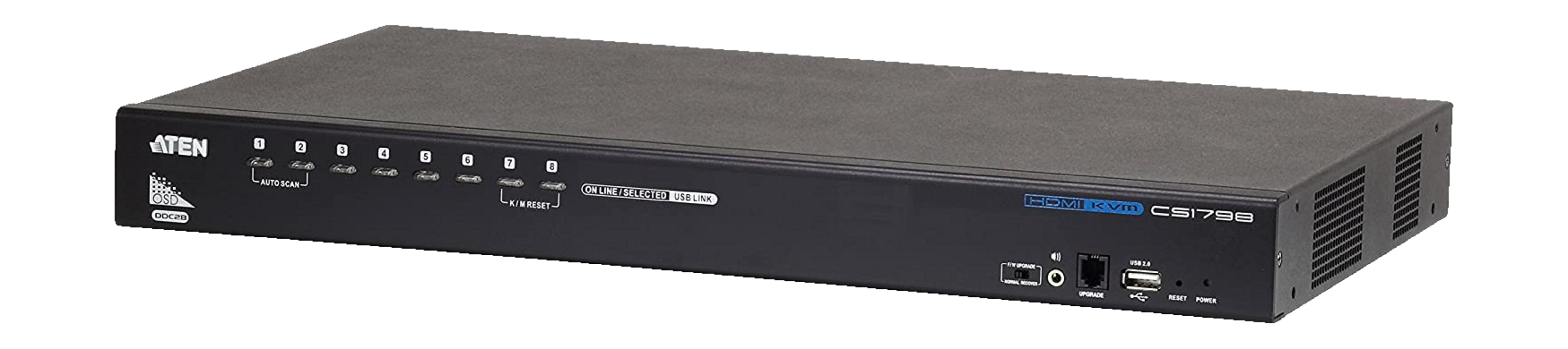 Ein schwarzes ATEN HDMI KVM CS1798 mit 8 Kanälen und Anschlüssen.