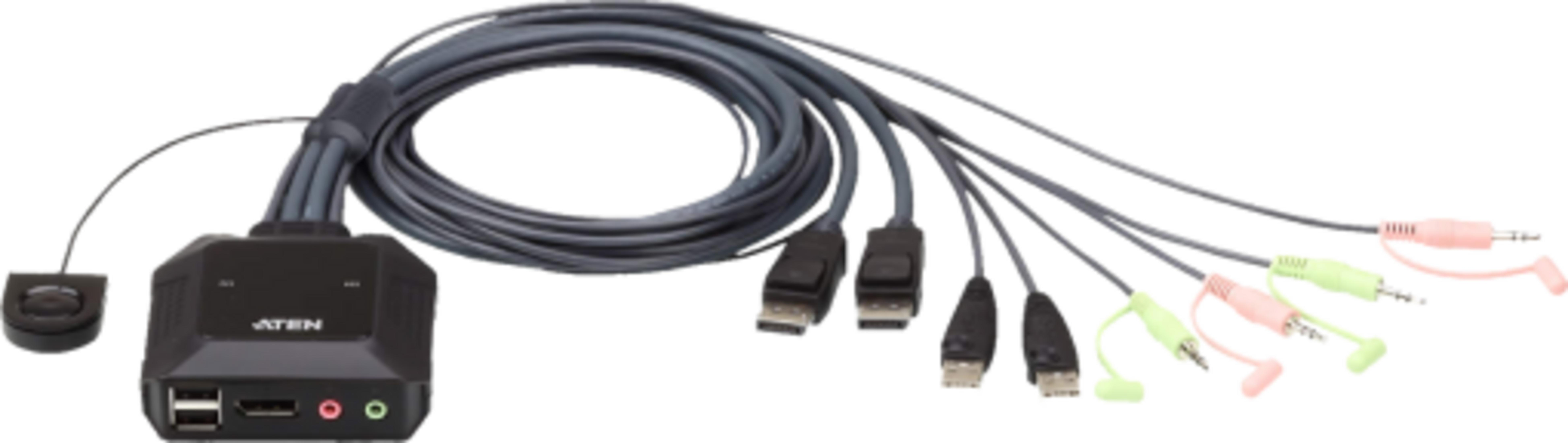 Ein schwarzer KVM-Switch mit vielen Kabeln und Anschlüssen, darunter USB und Audio.