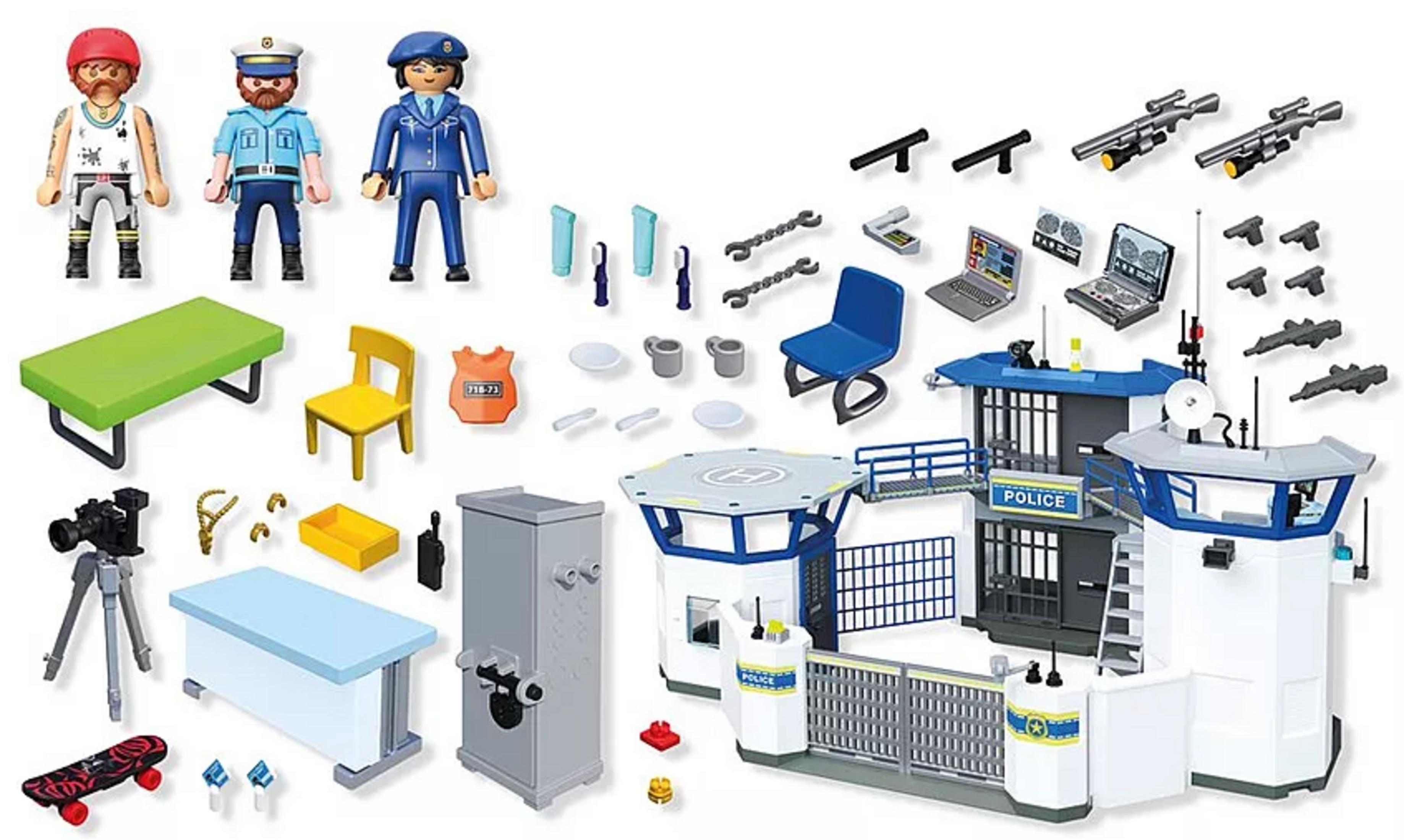 Estación de policía Playmobil con figuras, muebles, armas y vehículos.