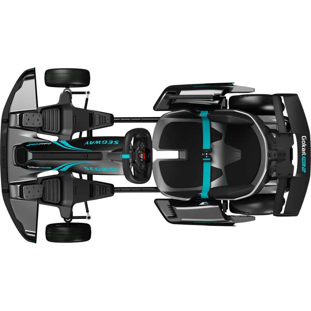 Czarny Segway Gokart Pro 2 z turkusowymi akcentami i kierownicą.