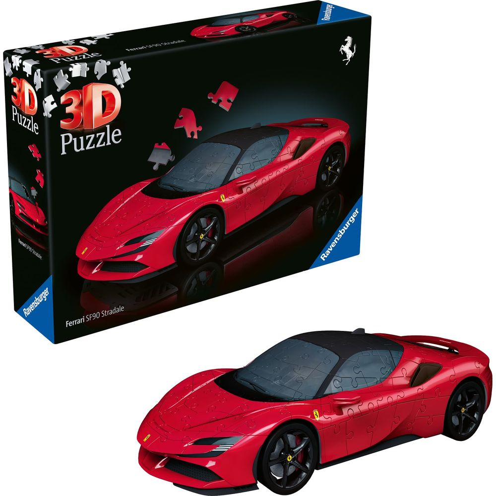 Czerwone puzzle 3D Ferrari SF90 Stradale obok pudełka. Czarno-białe tło.