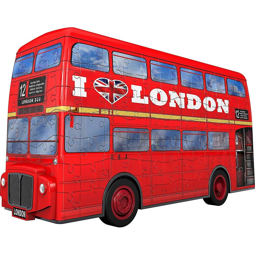 Ein roter Londoner Doppeldeckerbus-Puzzle mit "I Love London" und einem Union-Jack-Herz.