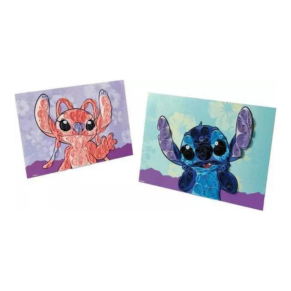 Zwei Stitch-Figuren aus Papier, eine rote und eine blaue.