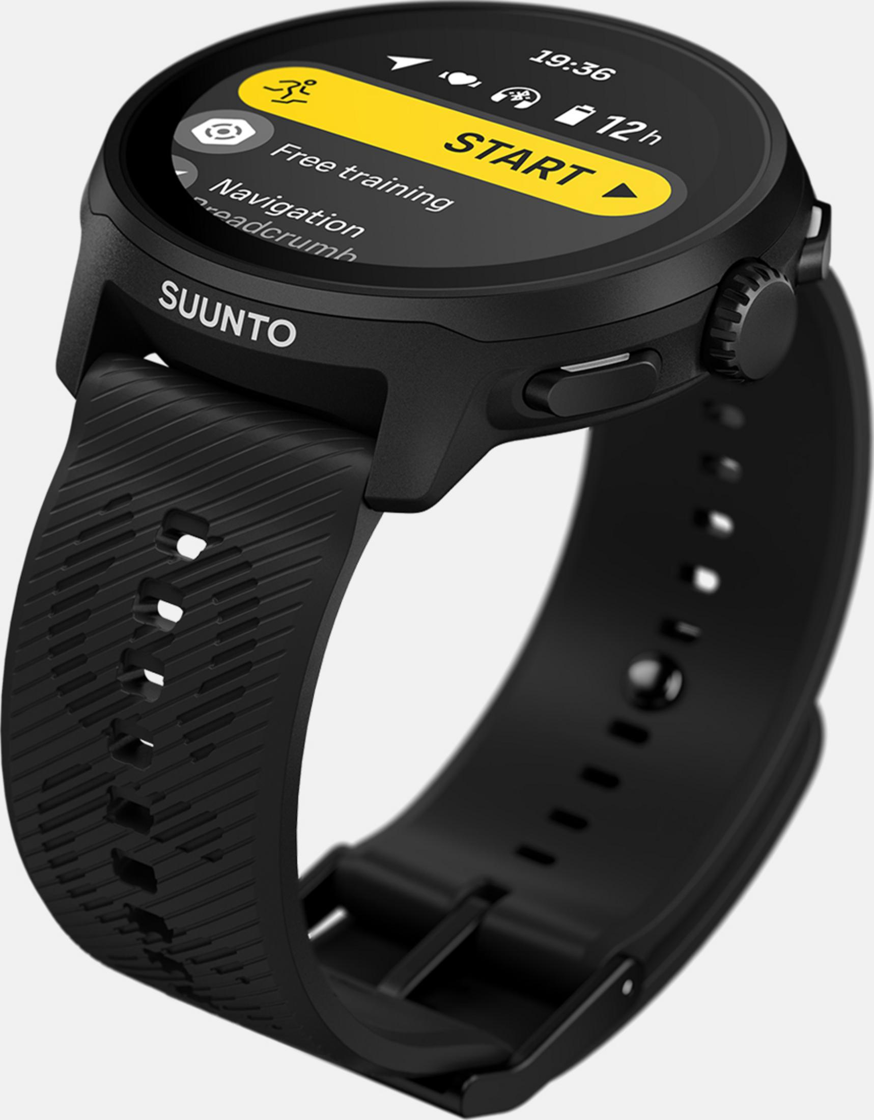 Czarny smartwatch Suunto z ekranem dotykowym, wyświetlający opcje treningowe.