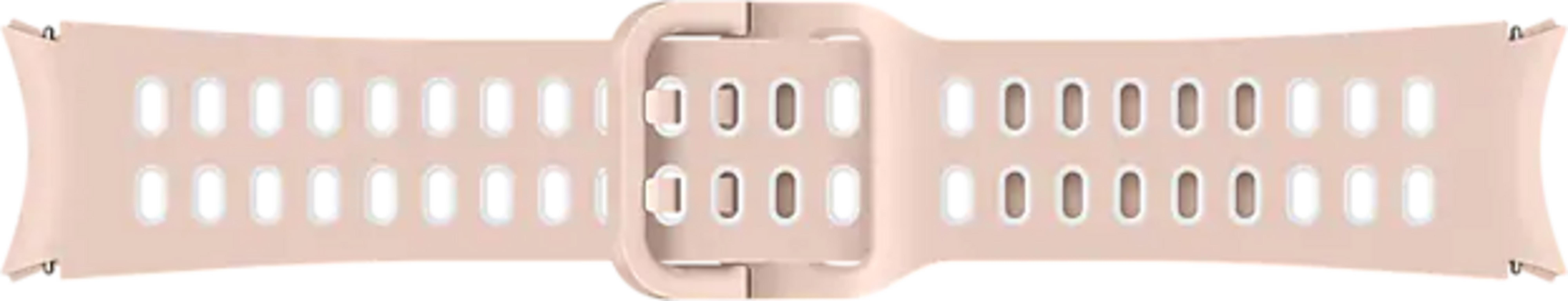 Ein hellrosa Uhrenarmband mit ovalen Belüftungslöchern und einer Schnalle.