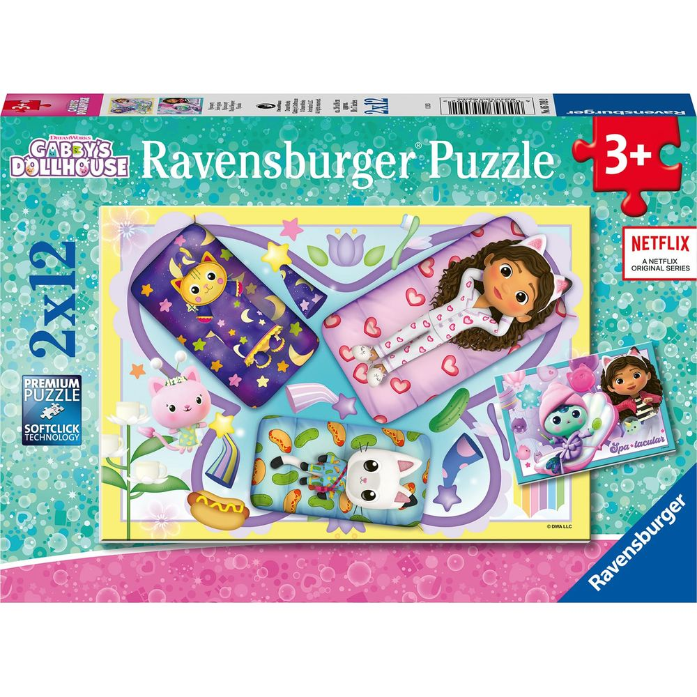 Puzzle Ravensburger Gabby's Dollhouse 2x12 pezzi, con personaggi e scene di sonno.