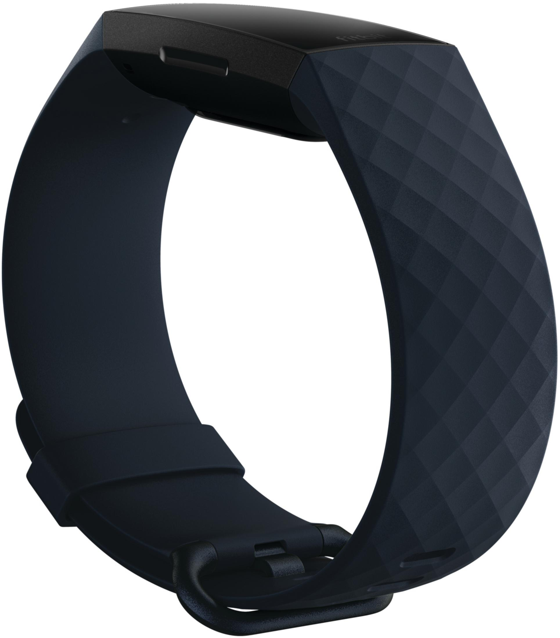 Dunkelblaues Fitbit mit schwarzem Display und Riemen mit Diamantmuster.