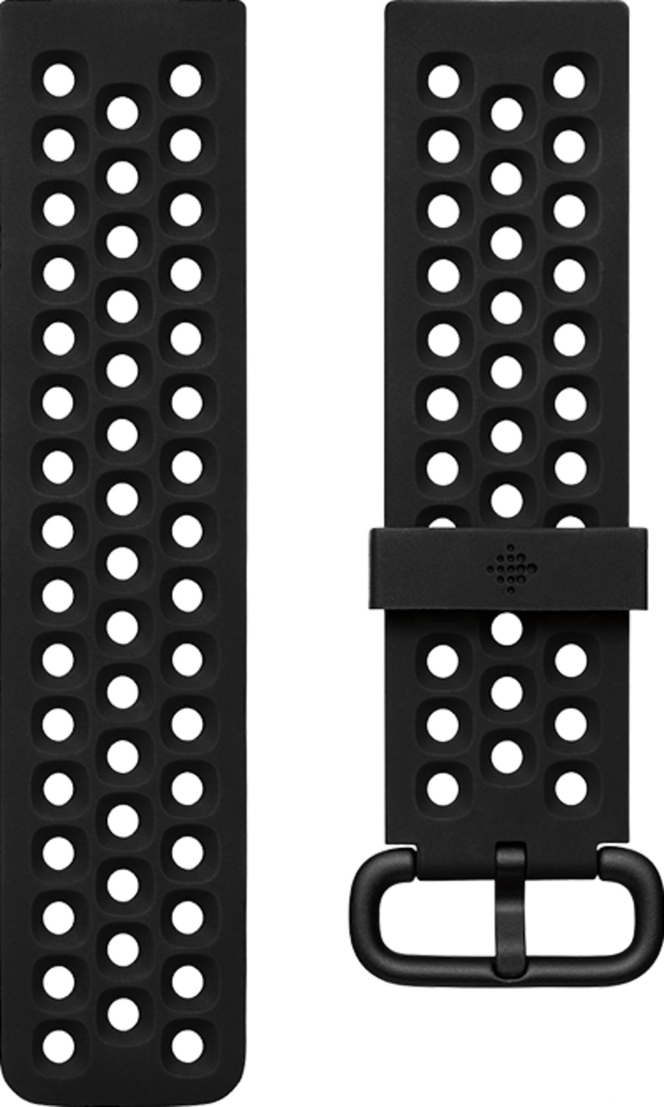 Dos correas negras Fitbit con agujeros. Una tiene hebilla.