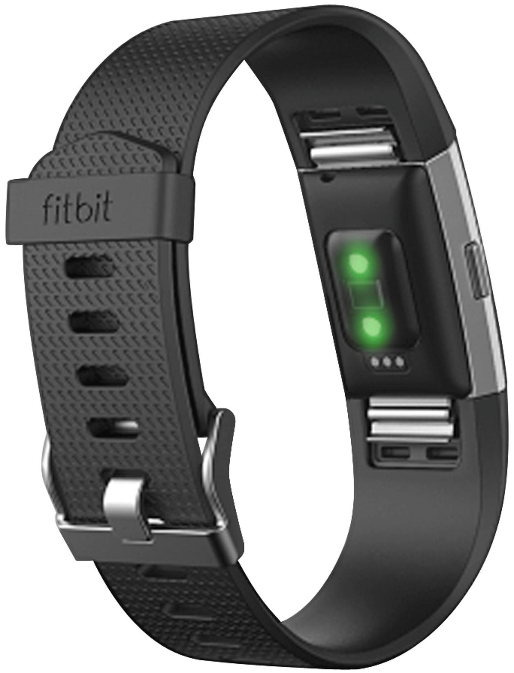 Schwarzes Fitbit mit grünen Lichtern und Metallschnalle.