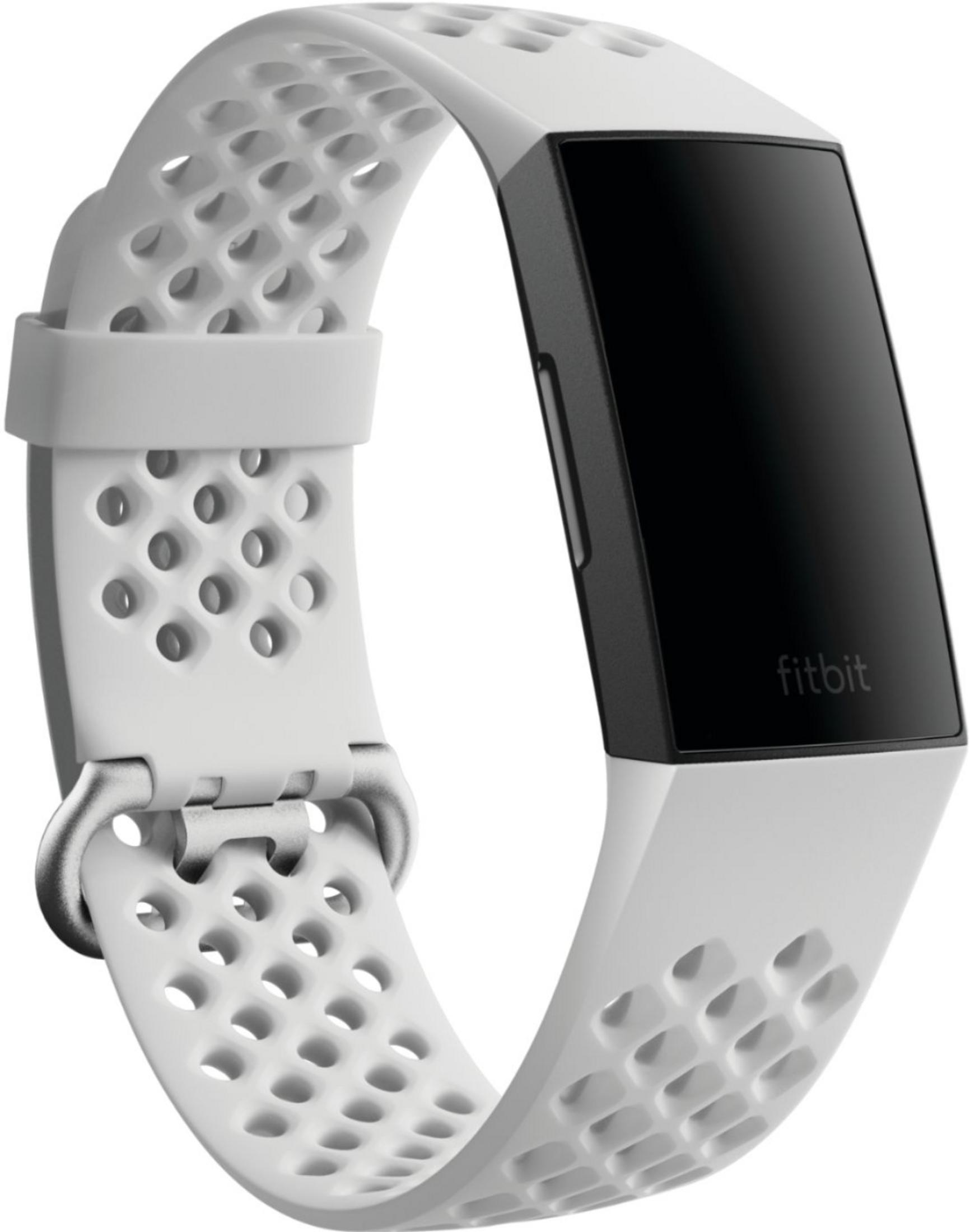 Weiße Fitbit mit schwarzem Bildschirm und Lochmuster-Armband.