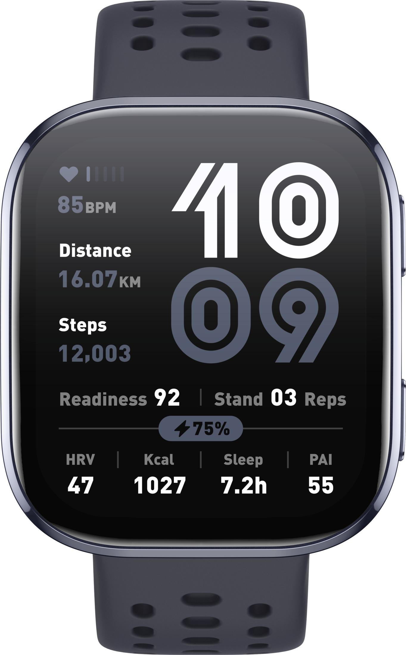 Ciemnoszary smartwatch pokazuje 85 BPM, 16,07 km, 12 003 kroków, 92 readiness.