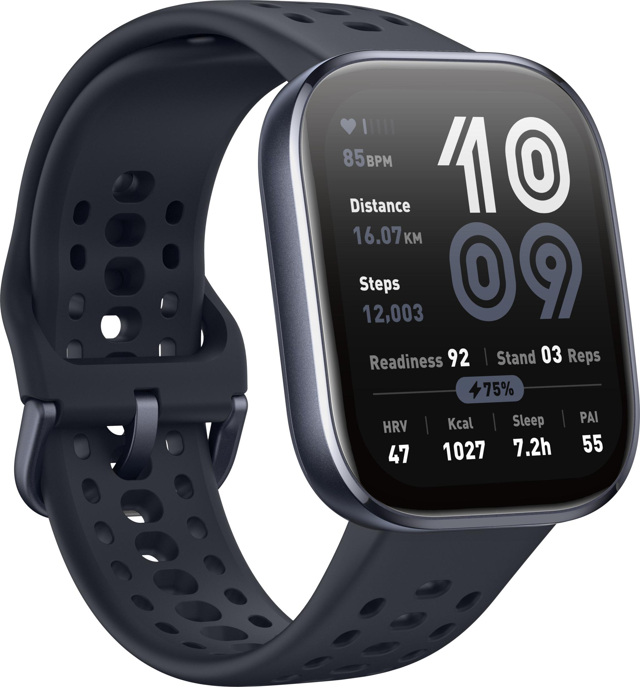 Ciemnoszary smartwatch wyświetlający tętno, dystans, kroki i inne wskaźniki.