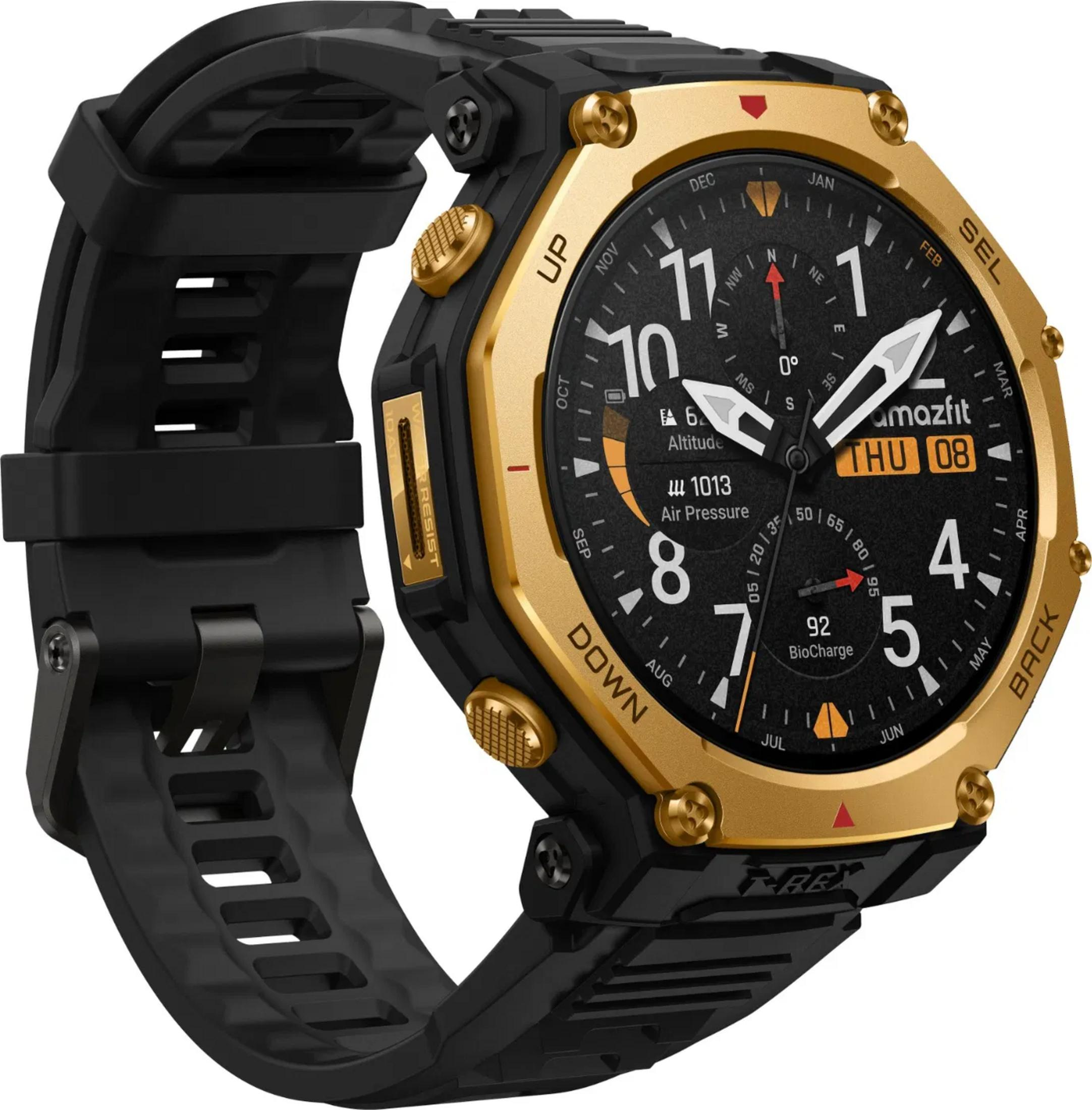 Eine schwarze und goldene Smartwatch mit digitalem Zifferblatt und schwarzem Armband.