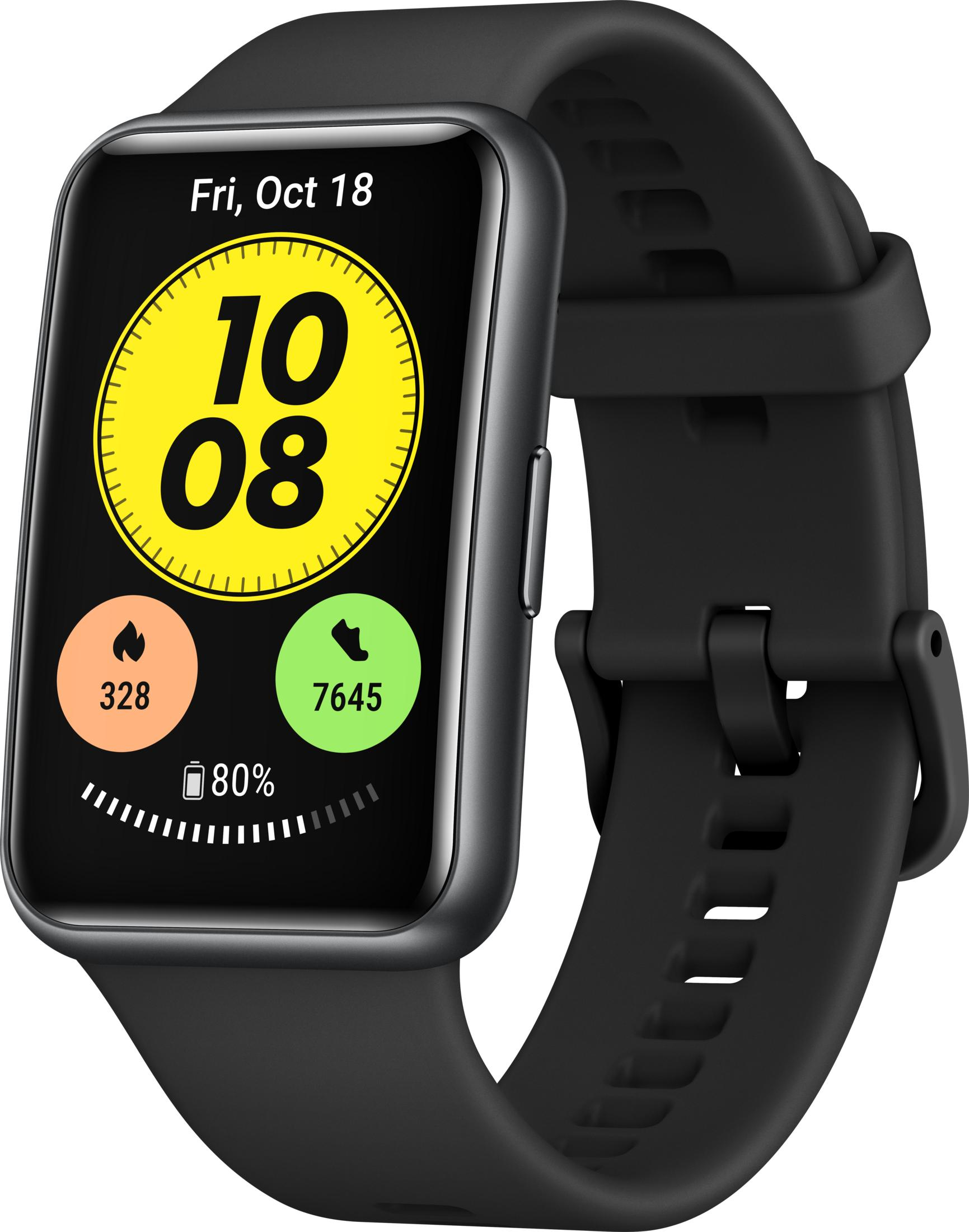 Schwarze Smartwatch mit gelbem Zifferblatt, zeigt 10:08 Uhr, 328 Kalorien & 7645 Schritte.