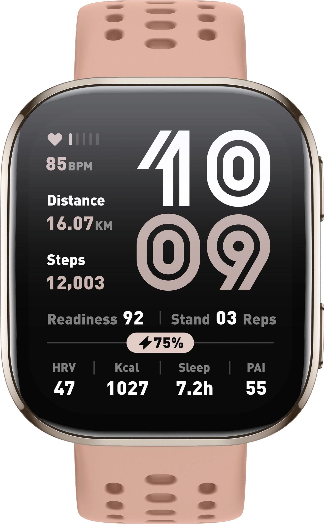 Różowy smartwatch wyświetla statystyki zdrowotne: 85 BPM, 16,07 km, 12 003 kroków, 75% naładowania.