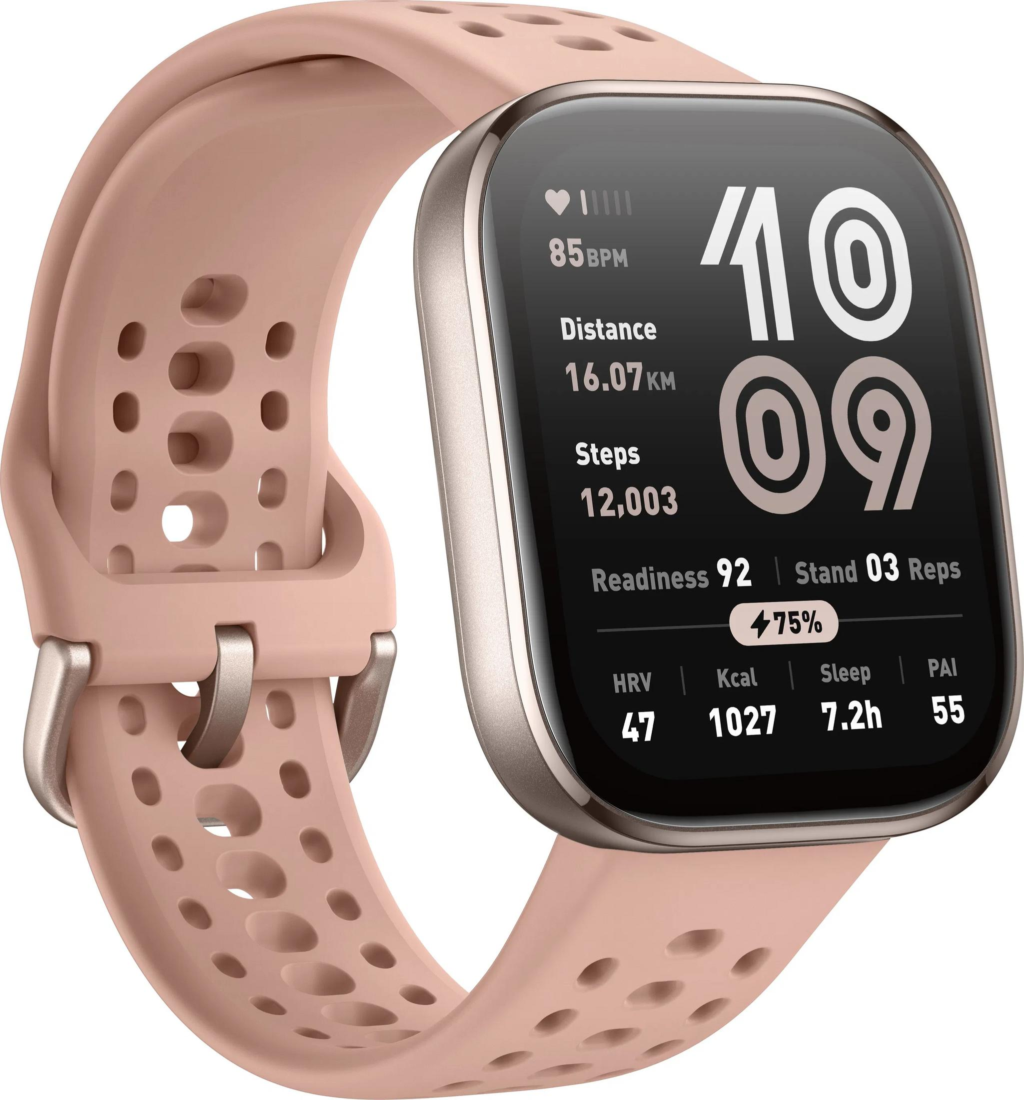 Różowo-złoty smartwatch z ciemną tarczą pokazuje czas, tętno, dystans i kroki.