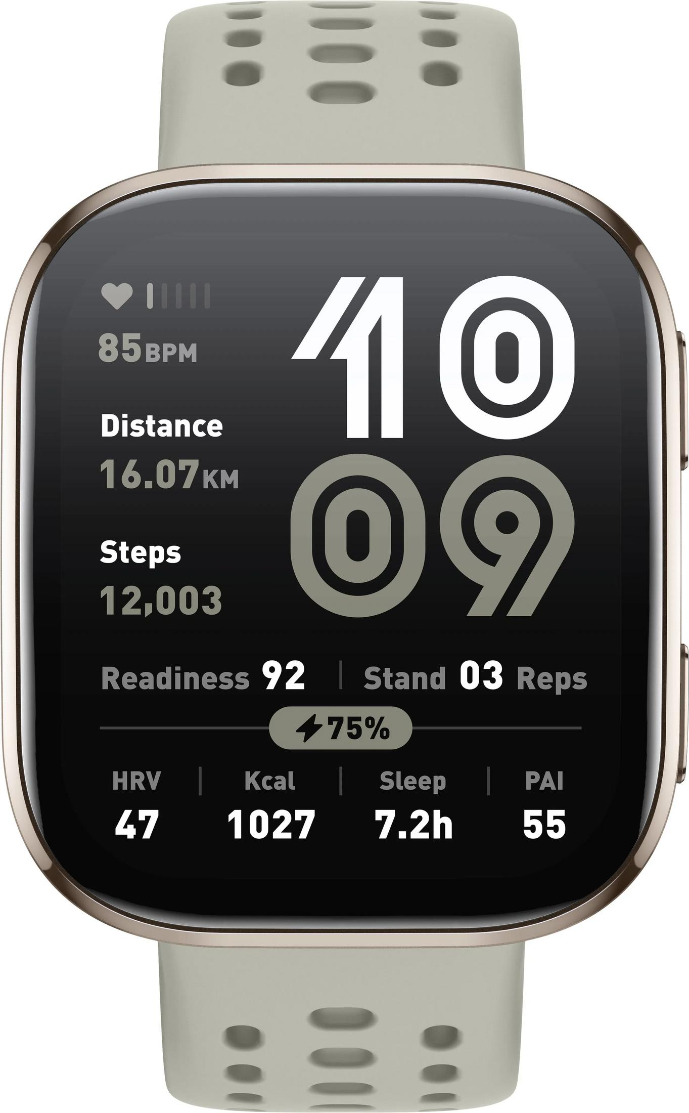 Smartwatch z jasną tarczą wyświetlającą czas, tętno, dystans, kroki, gotowość, stanie i sen.