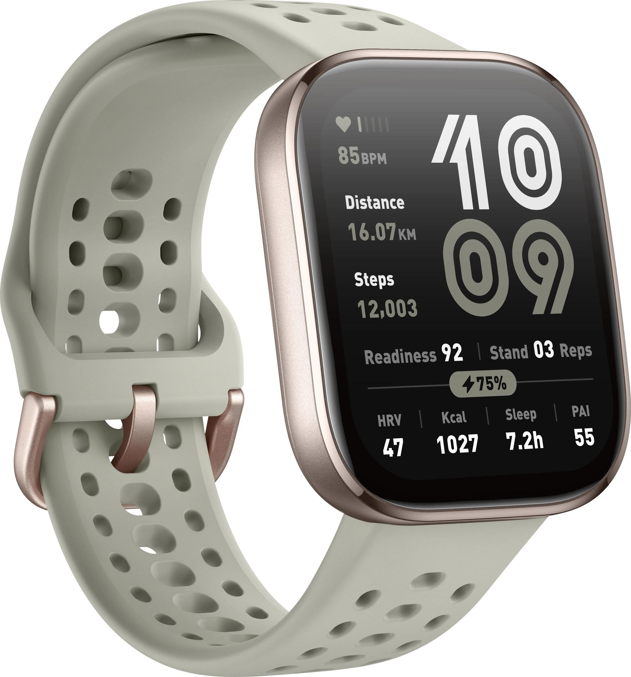 Szary smartwatch z różowo-złotą ramką wyświetla dane fitness.