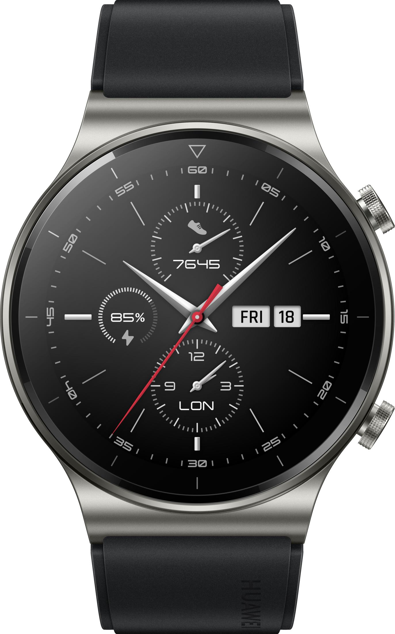 Eine silberne Smartwatch mit schwarzem Zifferblatt, Datum, Uhrzeit und Akkuanzeige.