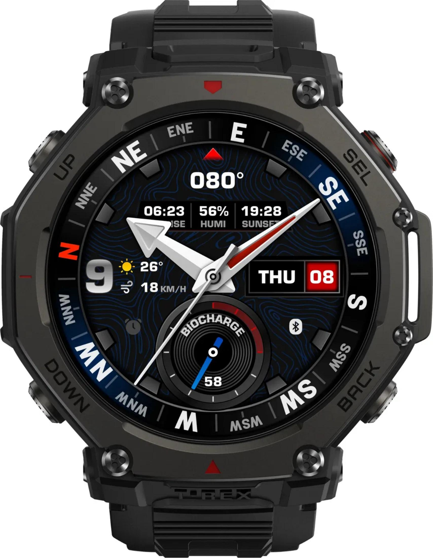 Czarny smartwatch z kompasem, godziną, datą i danymi pogodowymi.