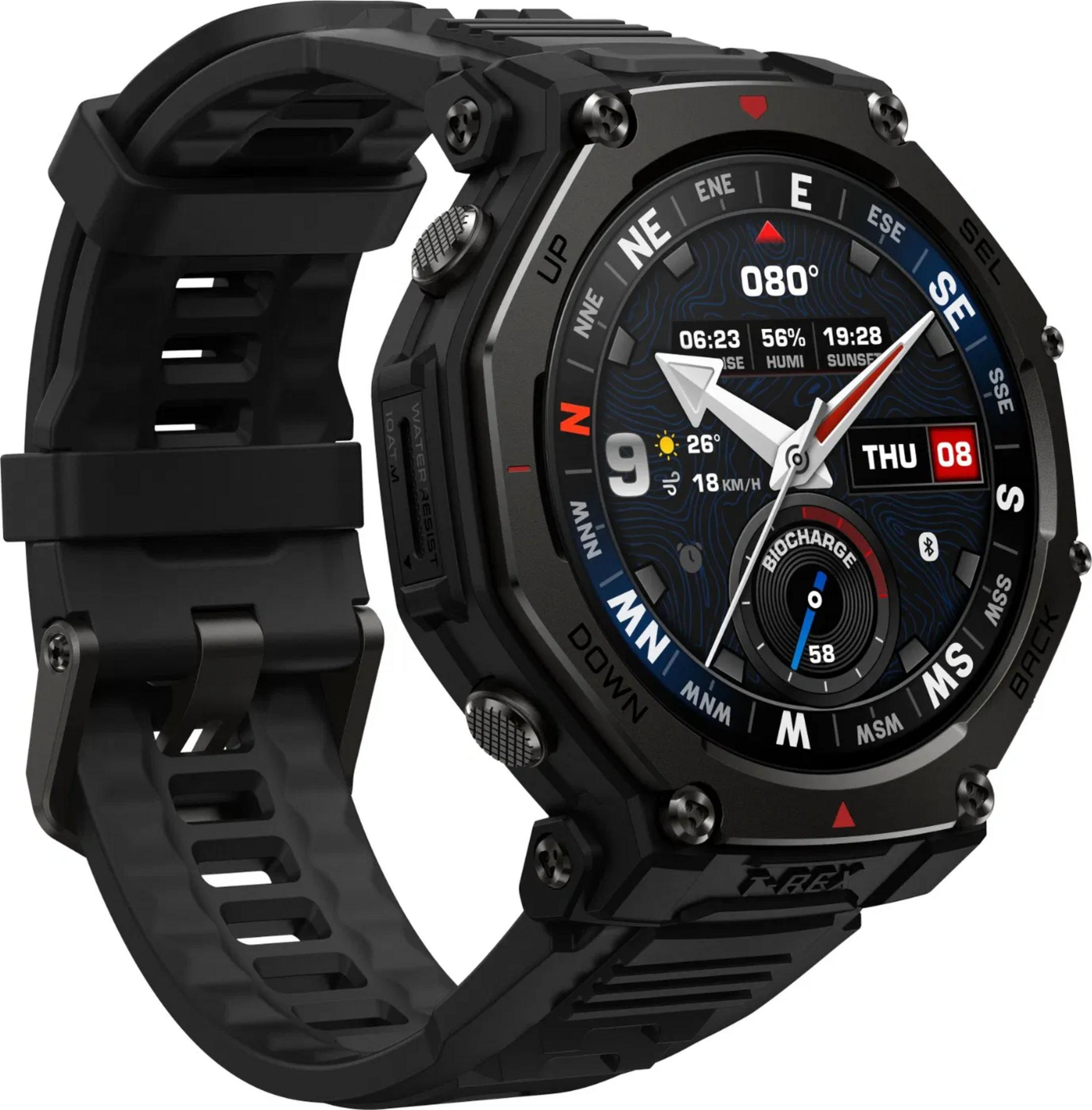Czarny smartwatch z okrągłą tarczą, kompasem i wskaźnikiem pogody.