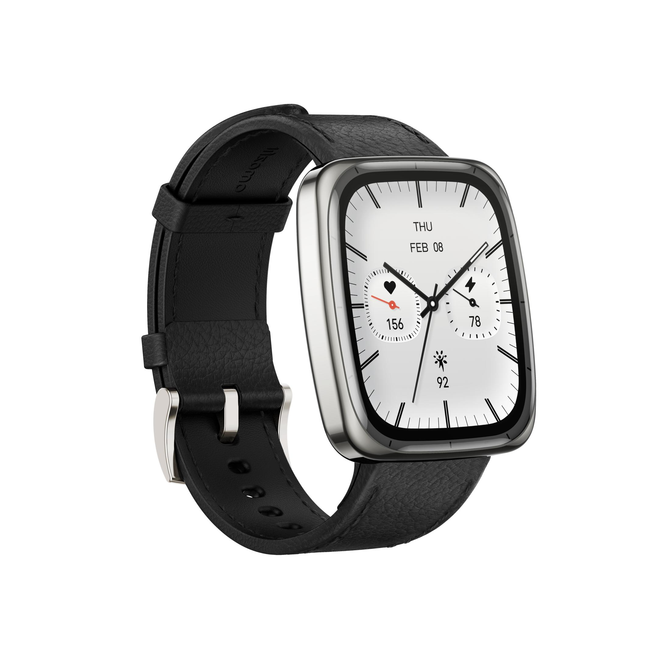 Srebrny smartwatch z czarnym skórzanym paskiem. Tarcza zegarka pokazuje datę i godzinę.