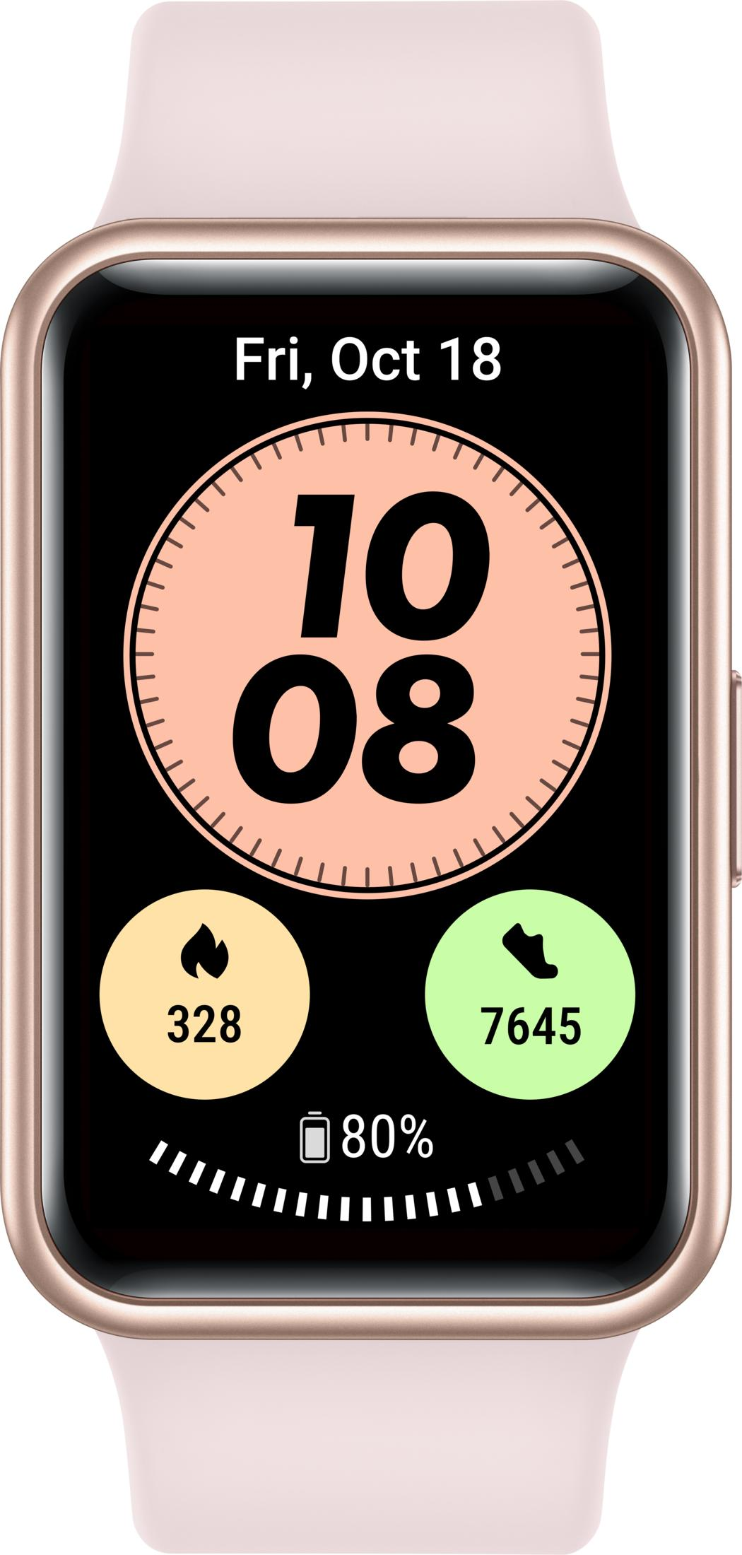 Eine rosafarbene Smartwatch zeigt 10:08 Uhr, 328 Schritte, 7645 Schritte und 80% Akku an.