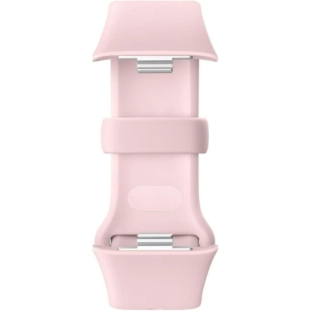 Różowa opaska do zegarka ze srebrnymi metalowymi złączami.