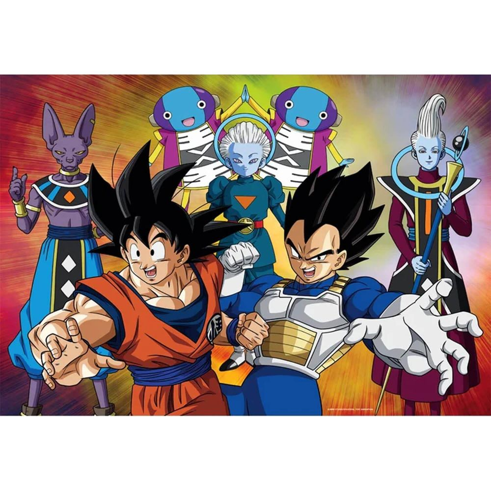 Goku i Vegeta z przodu, za nimi Beerus, Whis, Zeno i anioł.