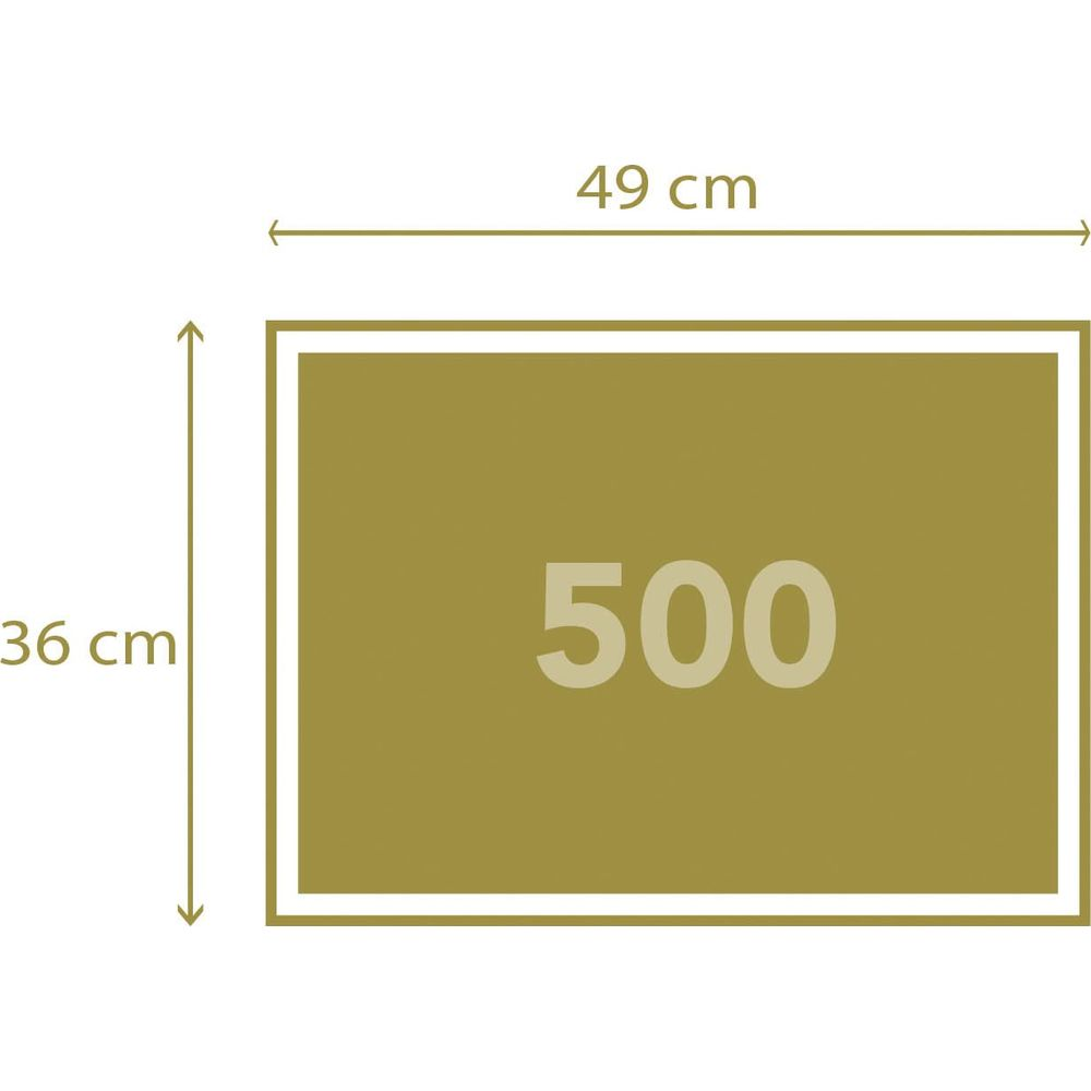 Złoty prostokąt z liczbą 500 pośrodku. Wymiary: 49 cm x 36 cm.