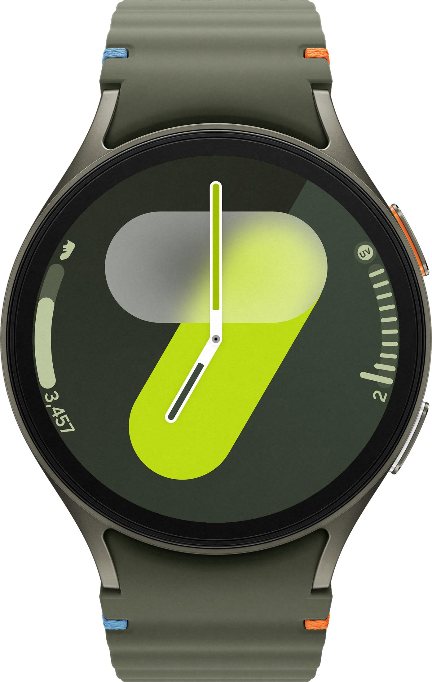 Zielony smartwatch z tarczą pokazującą kroki i wskaźnik UV.
