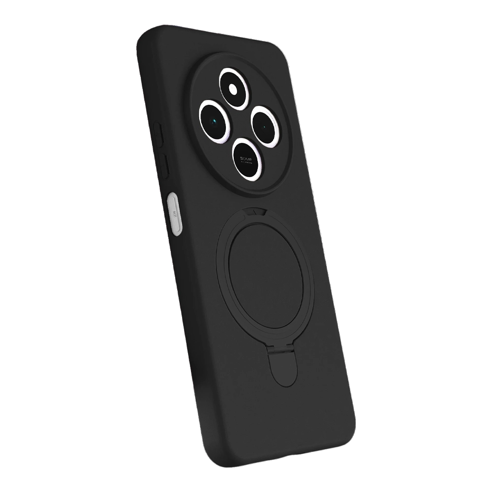Dört kameralı ve arkasında halka tutuculu siyah telefon kılıfı.