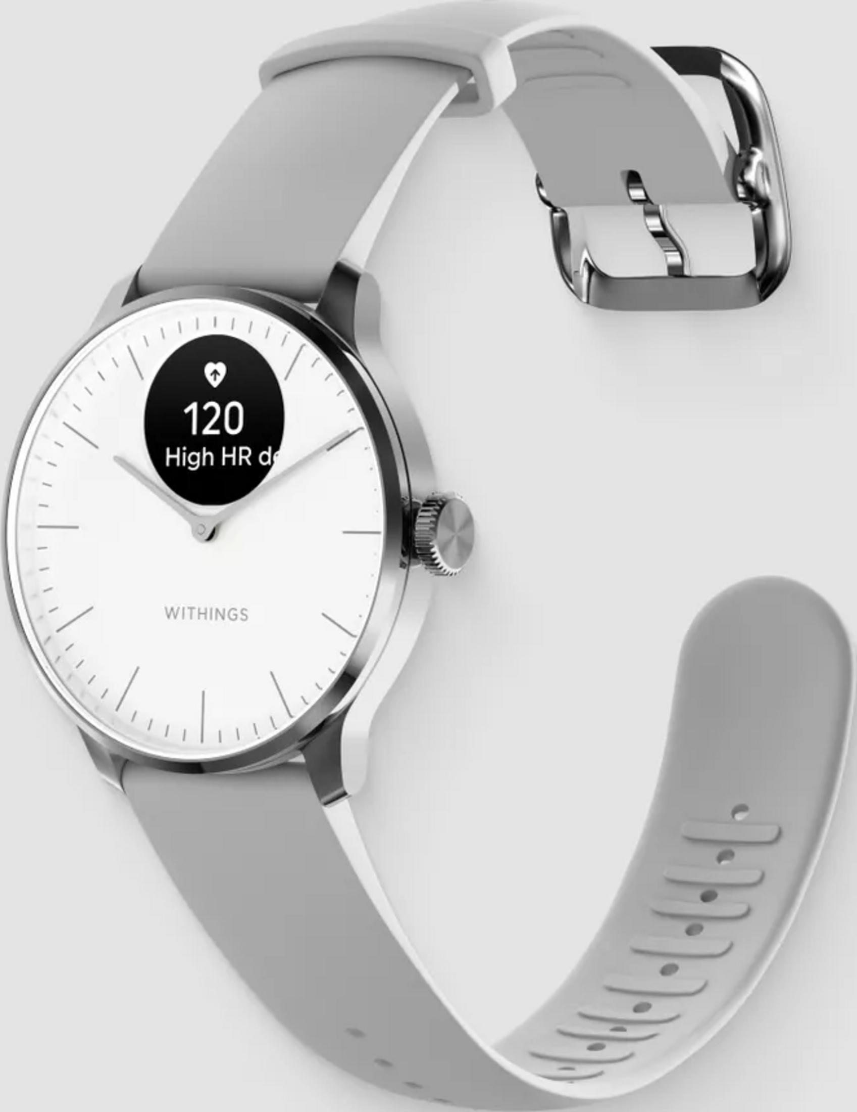 Srebrny smartwatch z białą tarczą i szarym paskiem pokazuje '120 High HR'.
