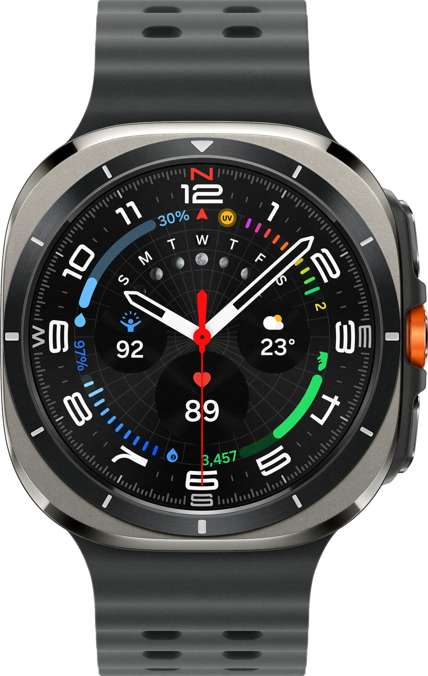 Smartwatch con quadrante nero, mostra ora, data, indice UV e battito cardiaco.