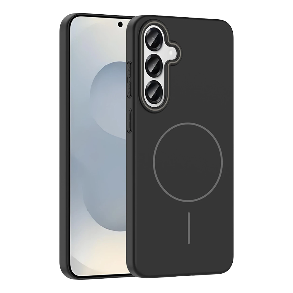 Üç kamera lensli ve manyetik halkalı siyah telefon kılıfı.