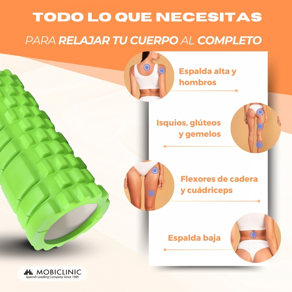 Un rodillo de masaje verde junto a una infografía que muestra partes del cuerpo.